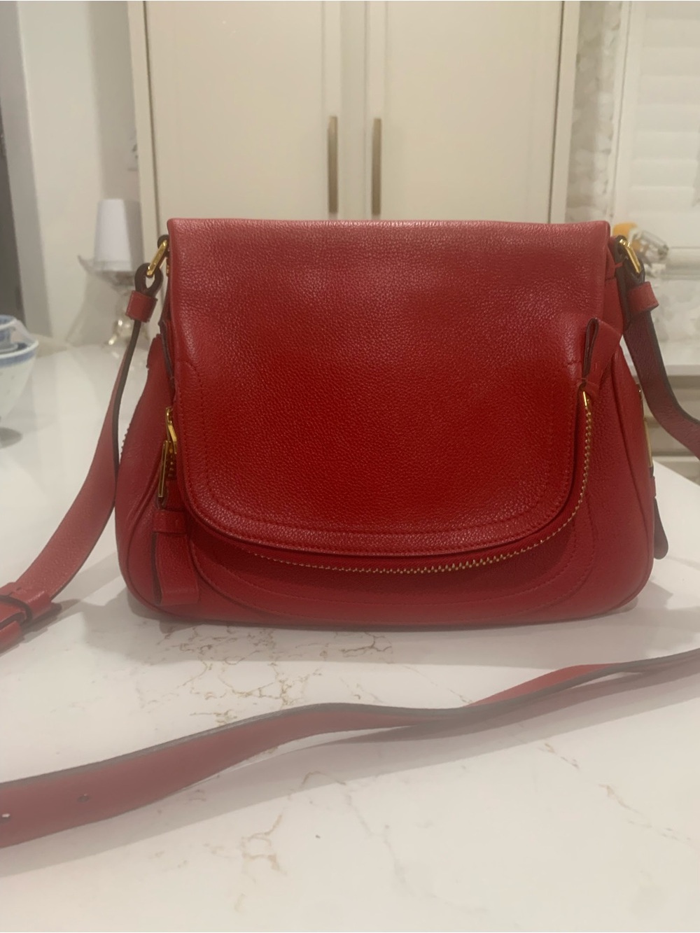 TOM FORD Medium Jennifer Grained Leather Shoulder Bag Red Color